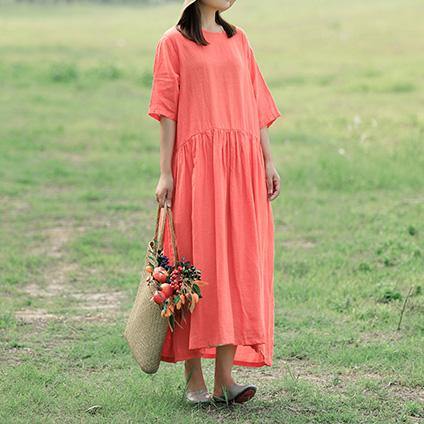 French tie o neck linen dresses Cotton orange Dress summer - Omychic