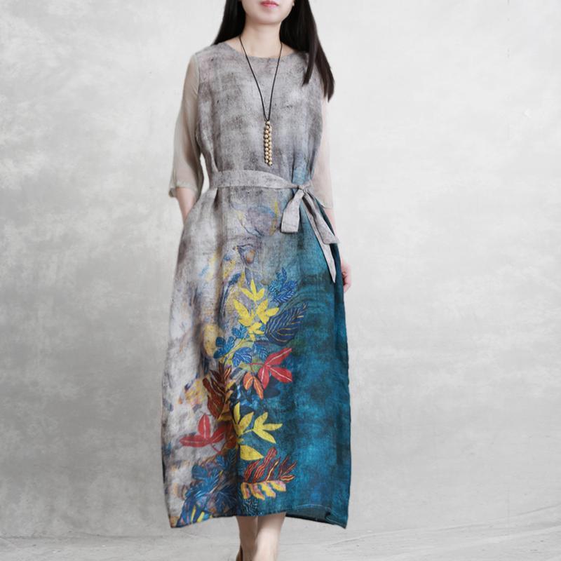 French tie waist linen Long Shirts Work Outfits gray prints Dresses - Omychic