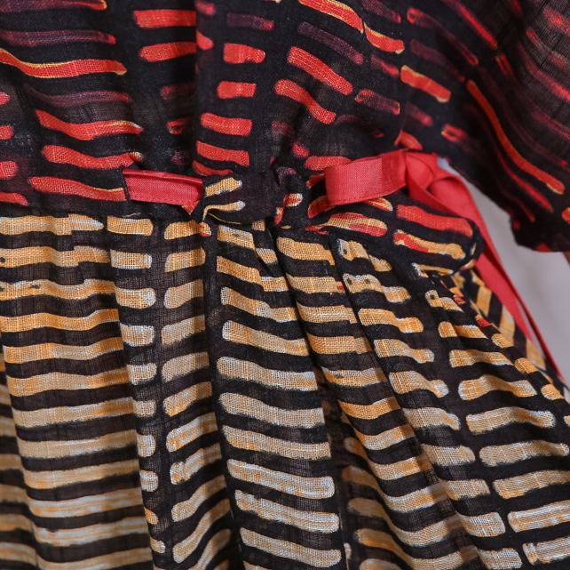 French tie waist linen clothes For Women Neckline black red patchwork Dresses summer - Omychic
