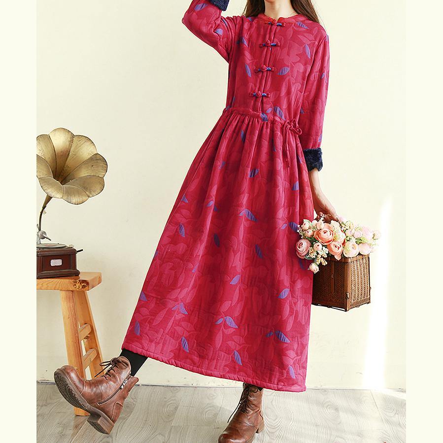 French tie waist linen o neck dresses Sleeve burgundy prints Dresses - Omychic
