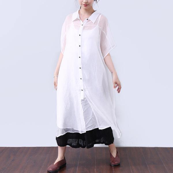 French tunics for women Stitches Loose Transparent Button Commuter Dress - Omychic