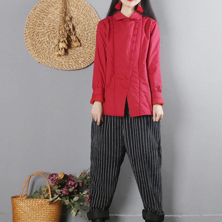 French turn-down collar thick Button Down linen cotton clothes red oversized blouses - Omychic