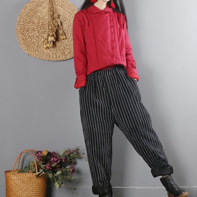 French turn-down collar thick Button Down linen cotton clothes red oversized blouses - Omychic