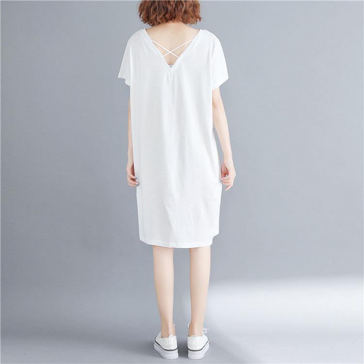 French v neck back side open plus size Neckline white Vestidos De Lino Dress - Omychic