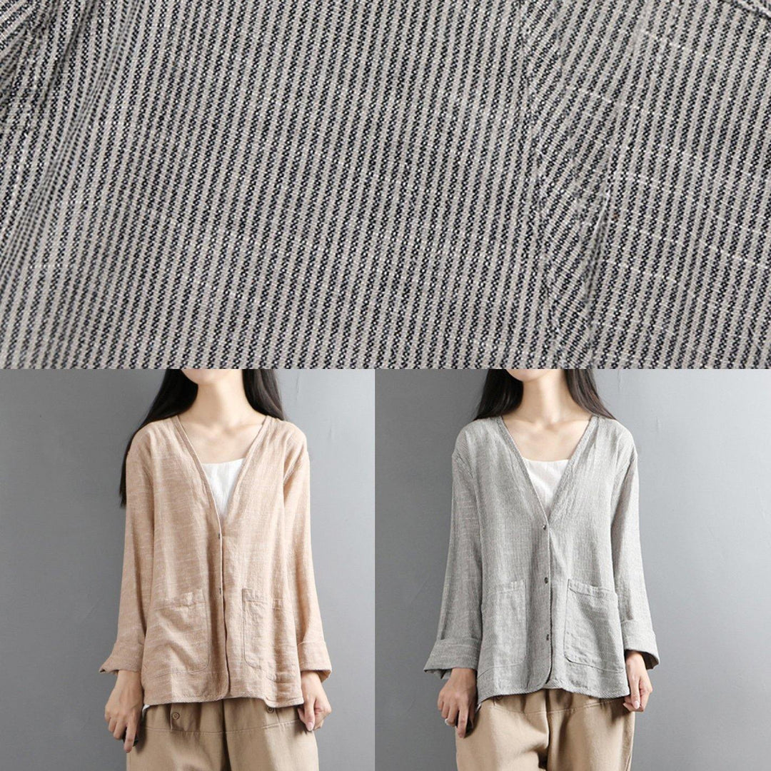French v neck linen fall shirts Fabrics khaki top - Omychic