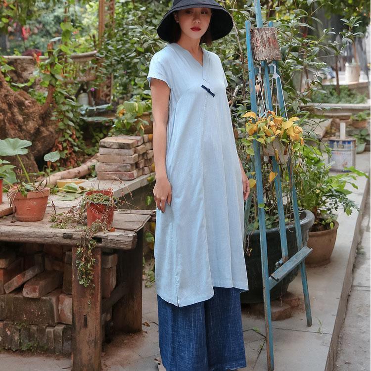 French v neck side open Chinese Button cotton linen clothes For Women Catwalk blue Dresses summer - Omychic