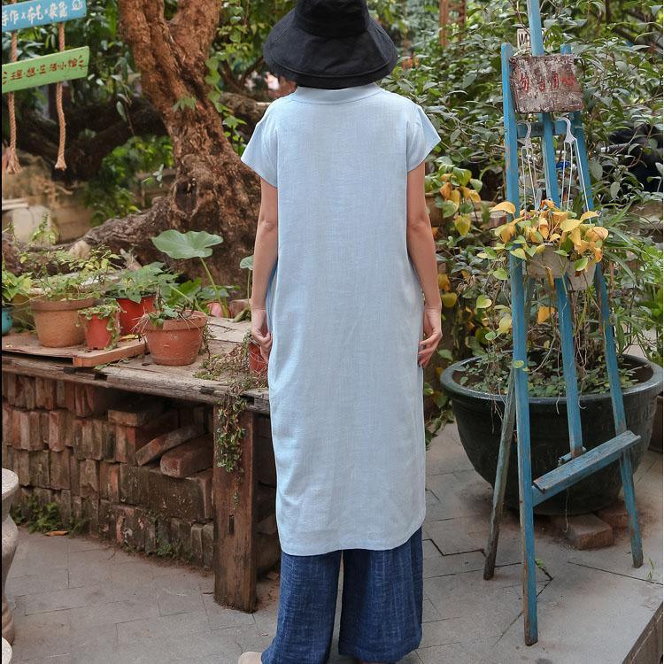 French v neck side open Chinese Button cotton linen clothes For Women Catwalk blue Dresses summer - Omychic