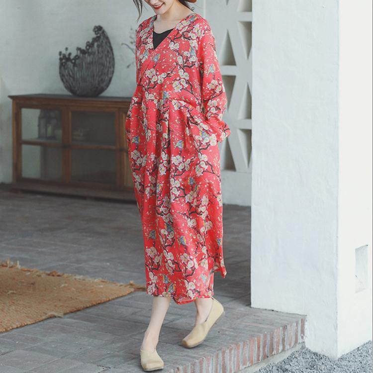 French v neck tie waist linen dresses Vintage Tunic Tops red floral Vestidos De Lino Dresses spring - Omychic