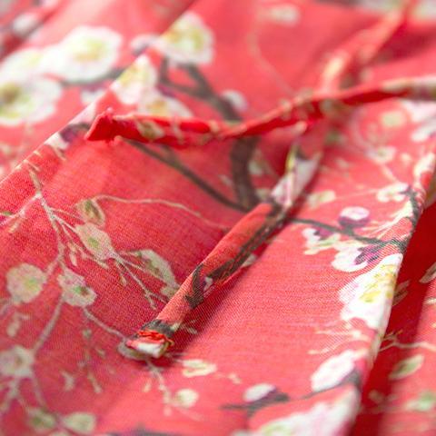 French v neck tie waist linen dresses Vintage Tunic Tops red floral Vestidos De Lino Dresses spring - Omychic