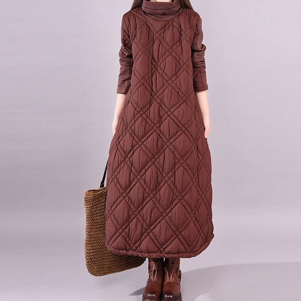 French warm high neck cotton winter clothes Sewing brown patchwork Maxi Dress - Omychic