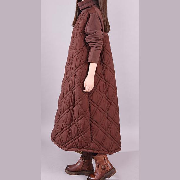French warm high neck cotton winter clothes Sewing brown patchwork Maxi Dress - Omychic