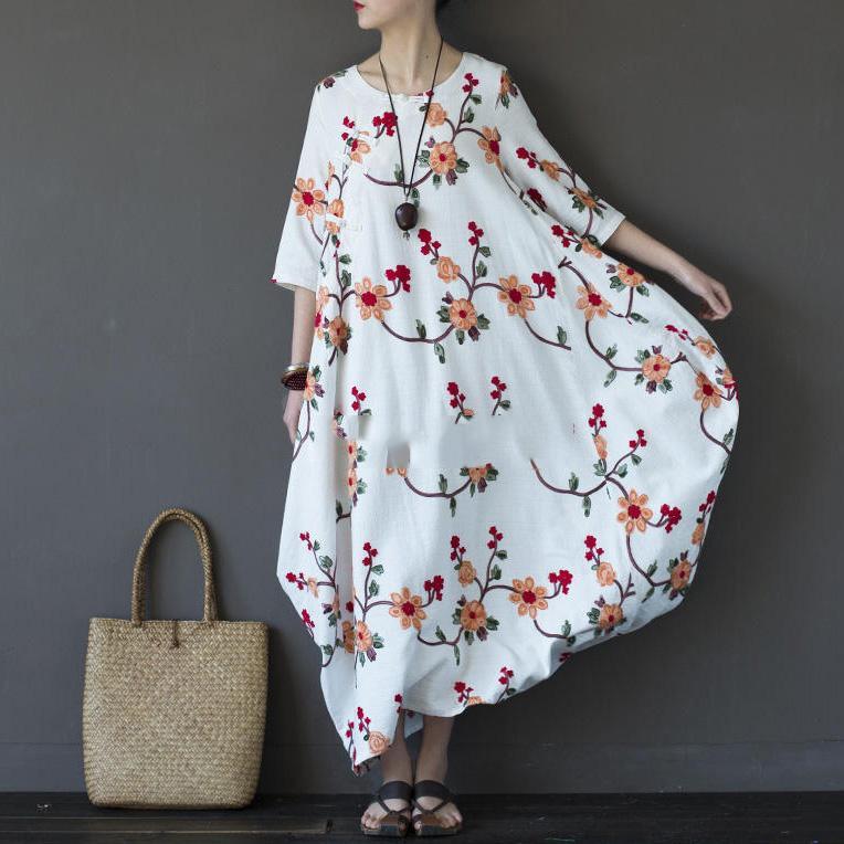 French white floral linen clothes For Women plus size Inspiration A Line asymmetric o neck pockets Dresses - Omychic