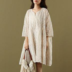 French white lace clothes For Women o neck hollow out daily summer Dress - Omychic