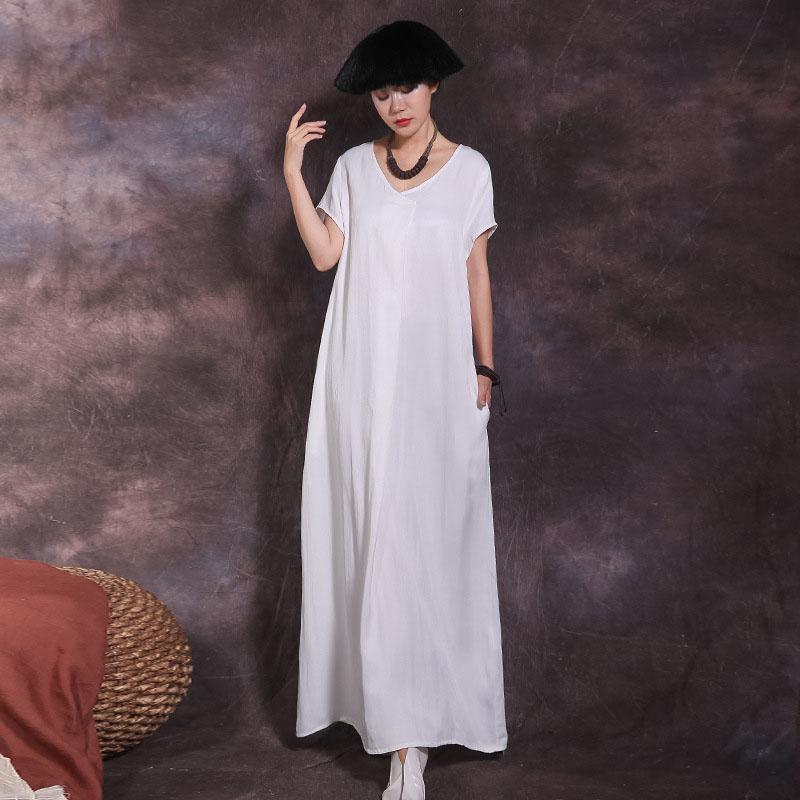 French white linen dresses v neck pockets Plus Size summer Dresses - Omychic