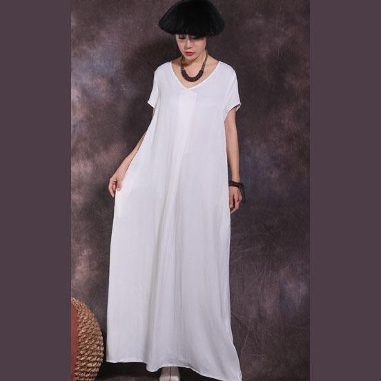 French white linen dresses v neck pockets Plus Size summer Dresses - Omychic