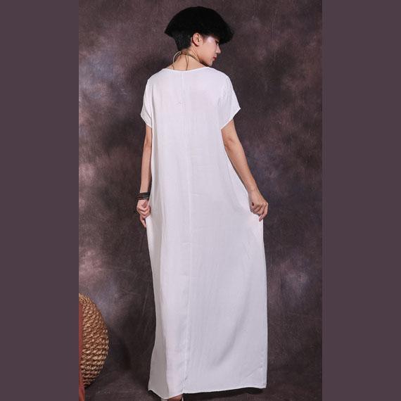 French white linen dresses v neck pockets Plus Size summer Dresses - Omychic