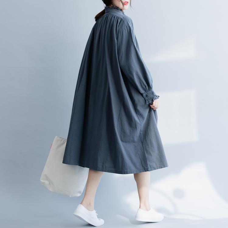 French wrinkled Ruffled  cotton Wardrobes boutique Fashion Ideas gray blue long Dresses spring - Omychic