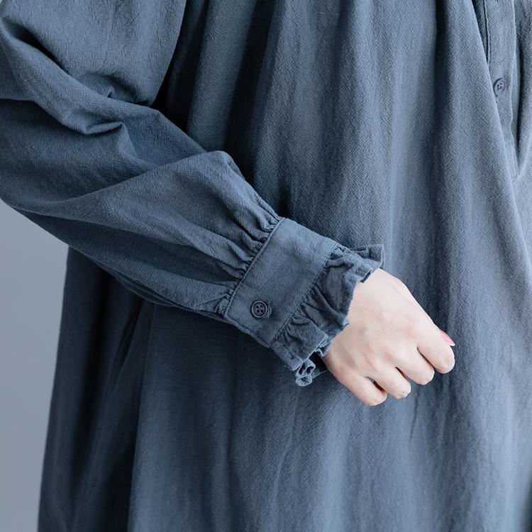 French wrinkled Ruffled  cotton Wardrobes boutique Fashion Ideas gray blue long Dresses spring - Omychic