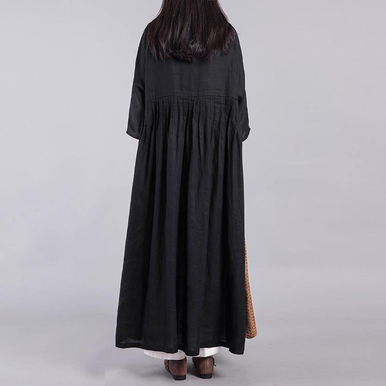 French wrinkled linen clothes Neckline black Dresses autumn - Omychic