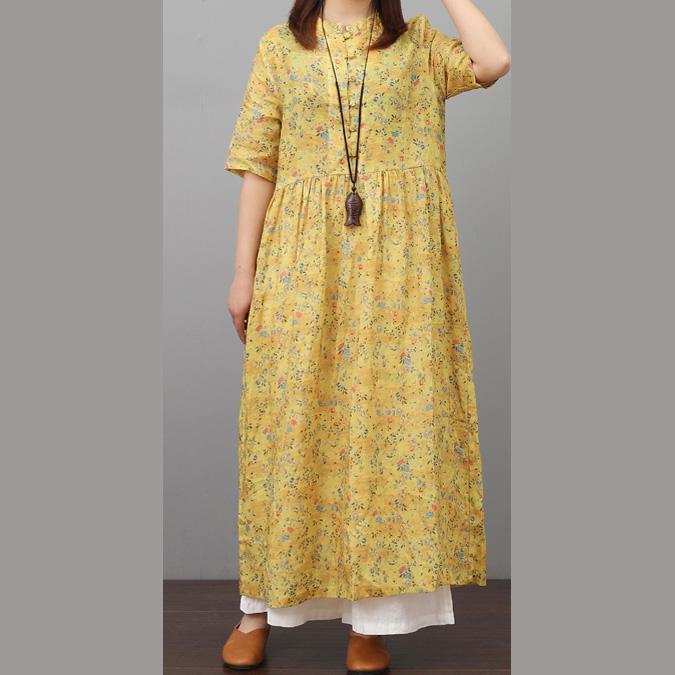 French wrinkled linen dress Online Shopping yellow prints Dress summer - Omychic