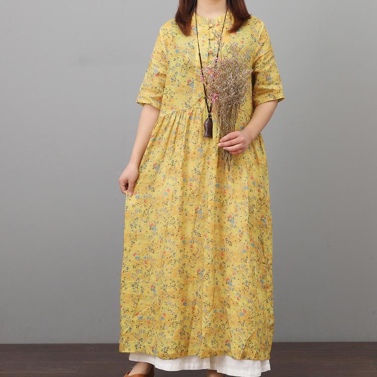 French wrinkled linen dress Online Shopping yellow prints Dress summer - Omychic