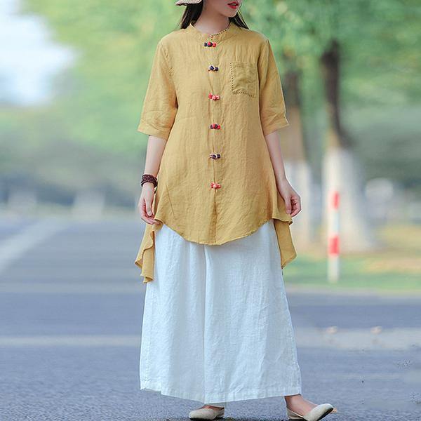 French yellow blouses for women boutique Vintage Summer Cotton Solid Frog Buttons Long Shirt - Omychic