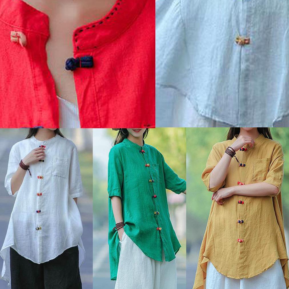 French yellow blouses for women boutique Vintage Summer Cotton Solid Frog Buttons Long Shirt - Omychic