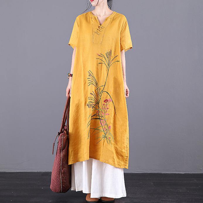 French yellow embroidery linen dresses v neck pockets Traveling summer Dress - Omychic