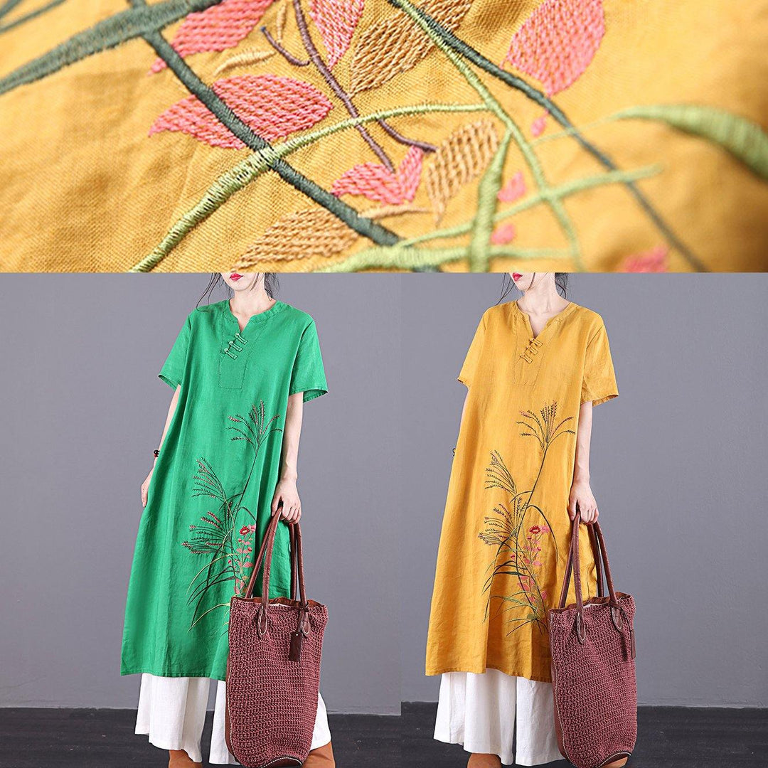 French yellow embroidery linen dresses v neck pockets Traveling summer Dress - Omychic