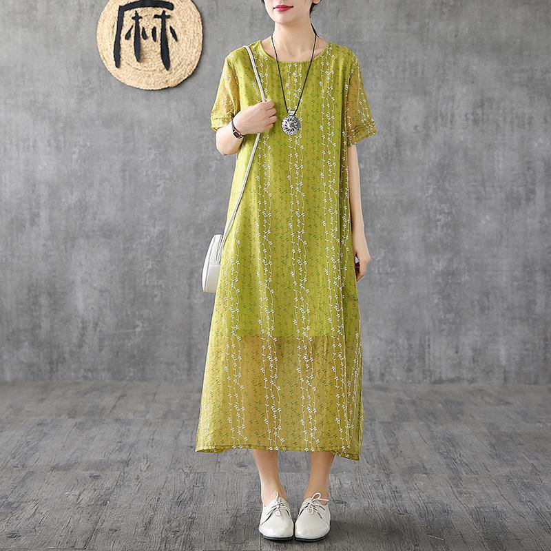 French yellow print linen Robes o neck short sleeve Plus Size Dress - Omychic