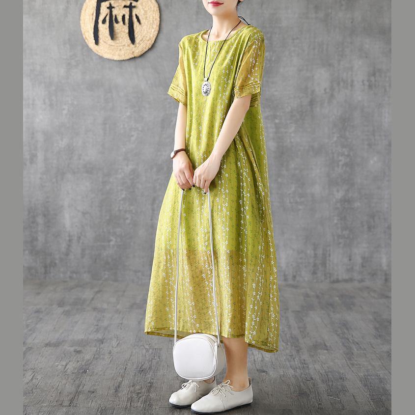 French yellow print linen Robes o neck short sleeve Plus Size Dress - Omychic