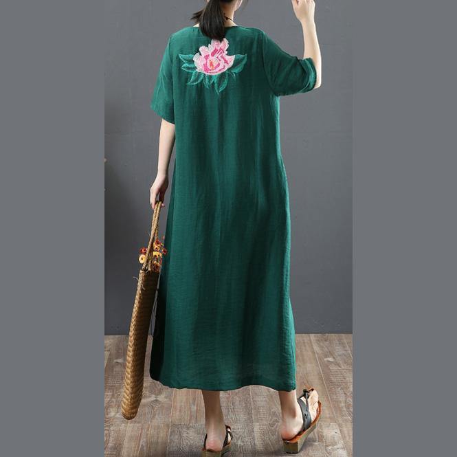 French Blackish Green Tunics O Neck Embroidery Robe Spring Dresses - Omychic