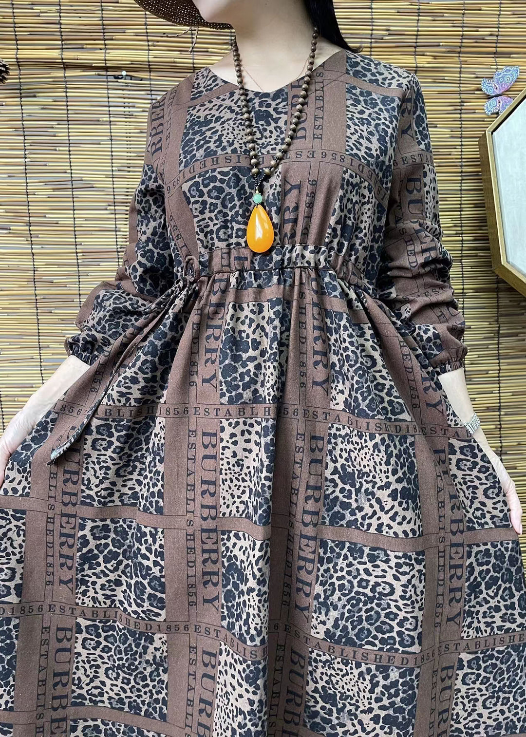 French Coffee Stand Collar Print Shirt Dress Short Sleeve