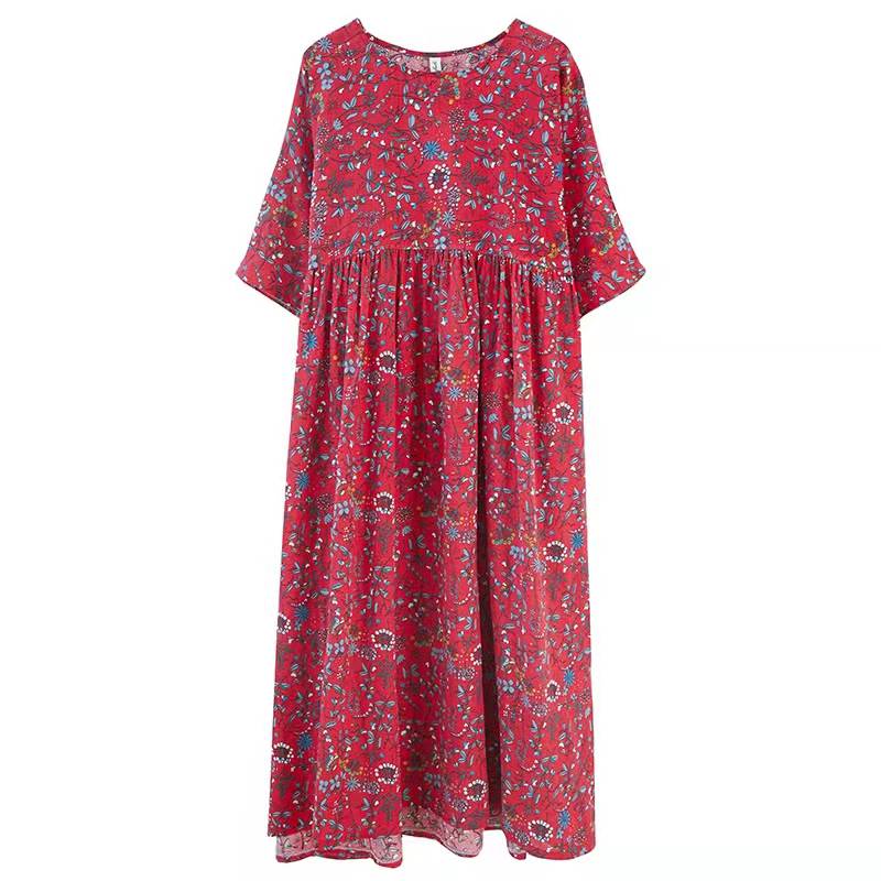 French High Waist Cotton Linen Wardrobes Pattern Khaki Prints Maxi Dress Summer ( Limited Stock)