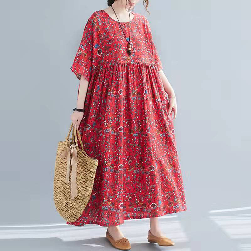 French High Waist Cotton Linen Wardrobes Pattern Khaki Prints Maxi Dress Summer ( Limited Stock)