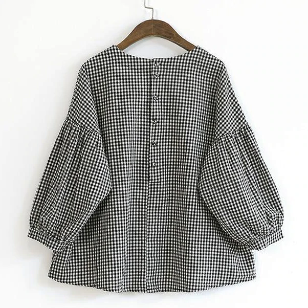 French Plaid Cotton Women Fine Sewing Asymmetric Plus Size Clothing Blouse