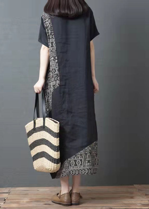 French linen Long Shirts Metropolitan Museum Ethnic Style Print Female Ramie Black Dress