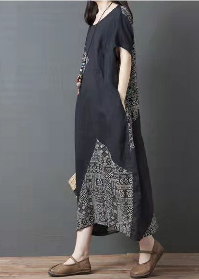 French linen Long Shirts Metropolitan Museum Ethnic Style Print Female Ramie Black Dress