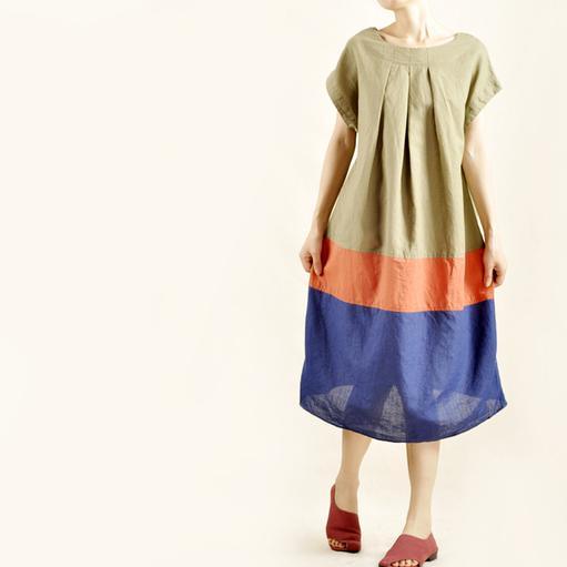 Fresh color patch maxi dress linen cotton oversize sundress - Omychic