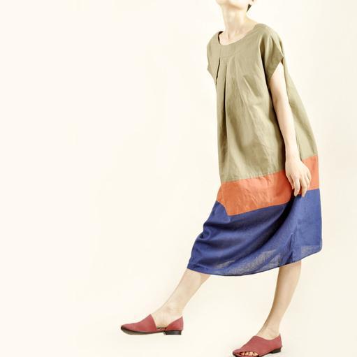 Fresh color patch maxi dress linen cotton oversize sundress - Omychic