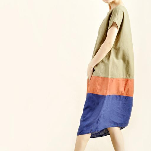 Fresh color patch maxi dress linen cotton oversize sundress - Omychic