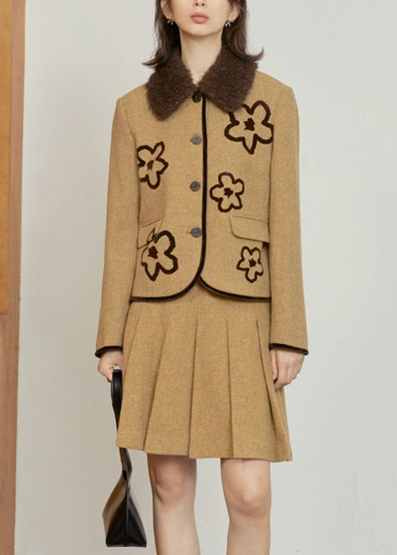 Ginger Peter Pan Collar Woolen Coat And Skirts Two Pieces Set Long Sleeve