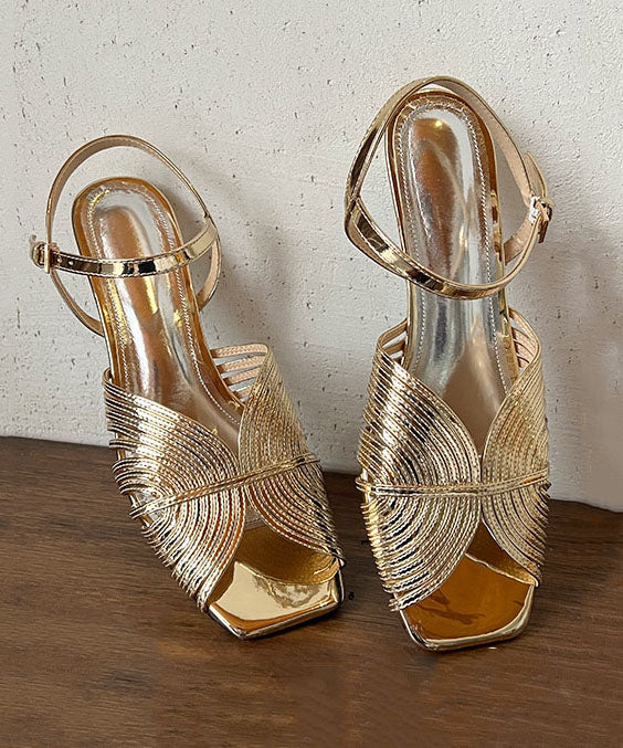Gold Sandals High Heel Faux Leather Stylish Splicing Buckle Strap