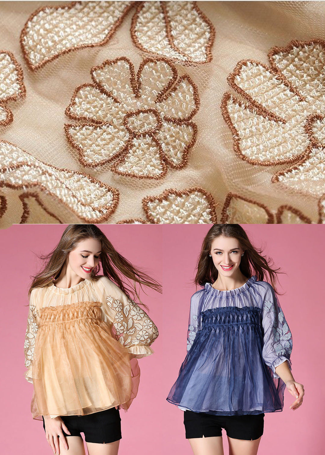 Golden Organza A Line Top Embroideried Wrinkled Half Sleeve