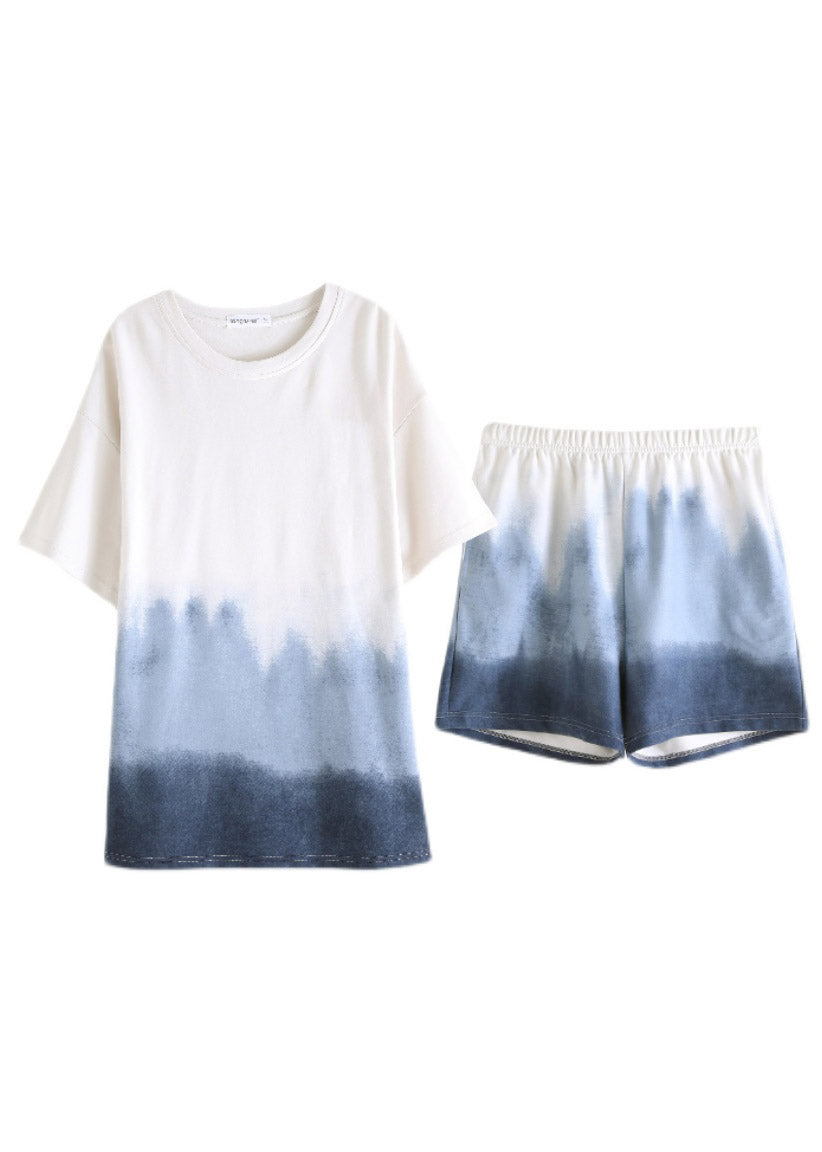 Gradient Color Blue O-Neck Print Cotton Pajamas Two Pieces Set Summer
