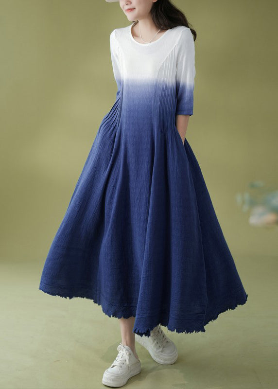 Gradient Color Blue O-Neck Wrinkled Ramie Long Dress Short Sleeve