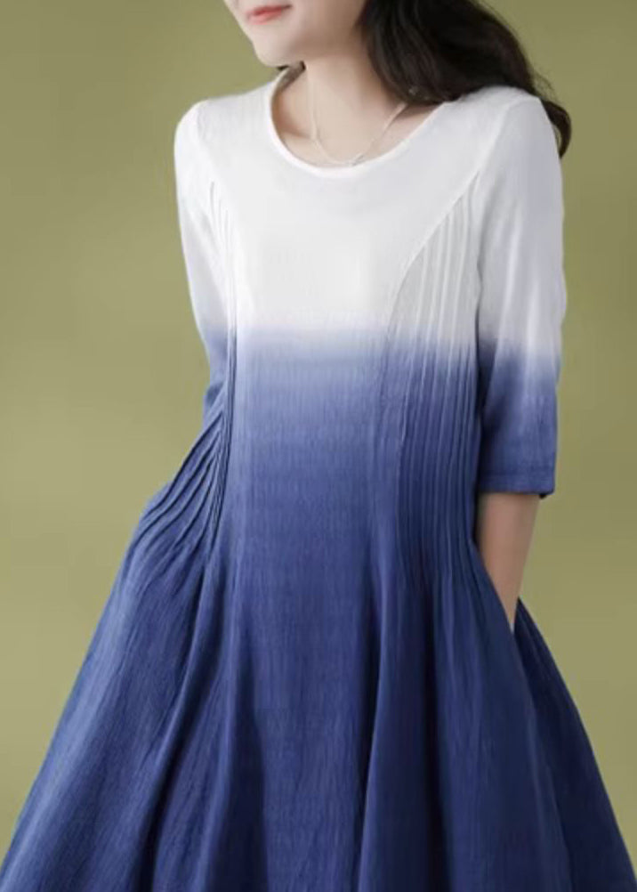 Gradient Color Blue O-Neck Wrinkled Ramie Long Dress Short Sleeve