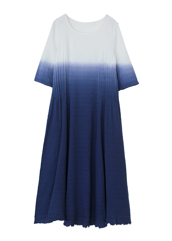 Gradient Color Blue O-Neck Wrinkled Ramie Long Dress Short Sleeve