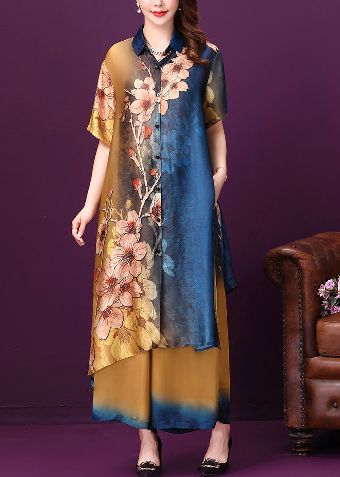 Gradient Color Blue Side Open Button Silk Long Shirts And Wide Leg Pants Half Sleeve