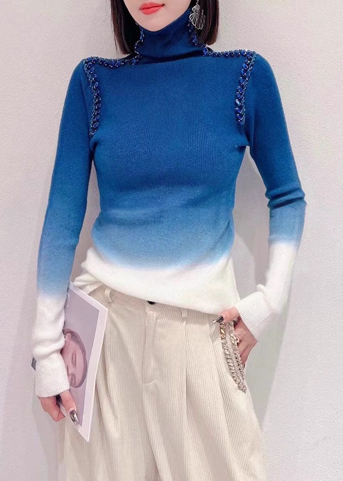 Gradient Color Brown Nail Bead Wool Knit Sweaters Long Sleeve